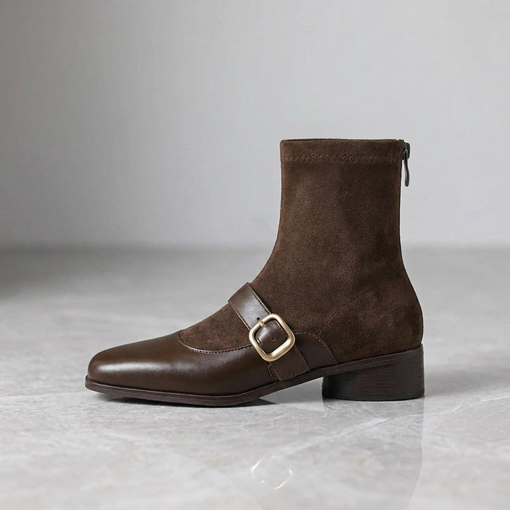 Pesaro Mary Jane Ankle Boots — Chocolate Brown, single boot, side profile on grey marble