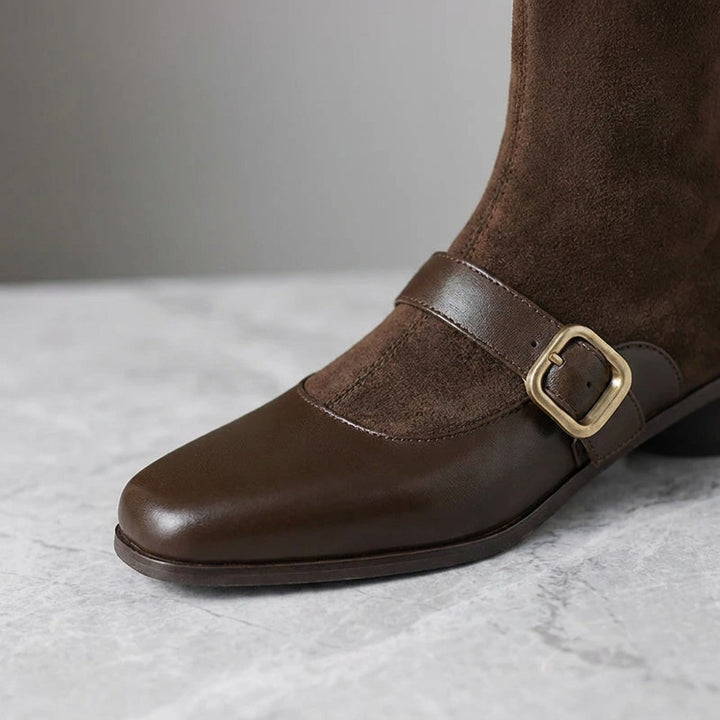 Pesaro Mary Jane Ankle Boots — Chocolate Brown, close-up of the outer-side strap and gold pin buckle