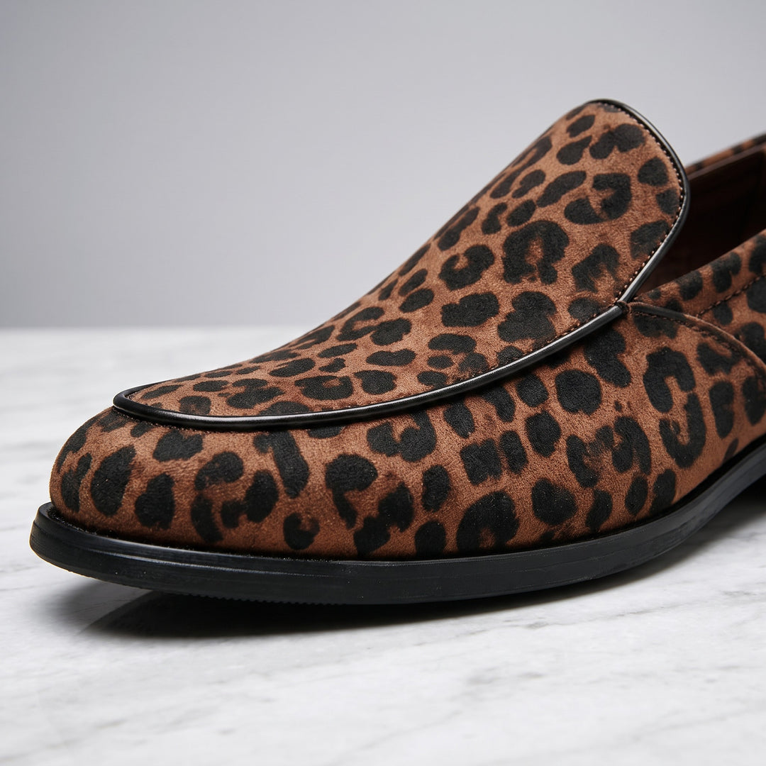 Polignano Leopard Loafers — Brown Leopard, close view of the leopard print, moc-front stitching and black piping