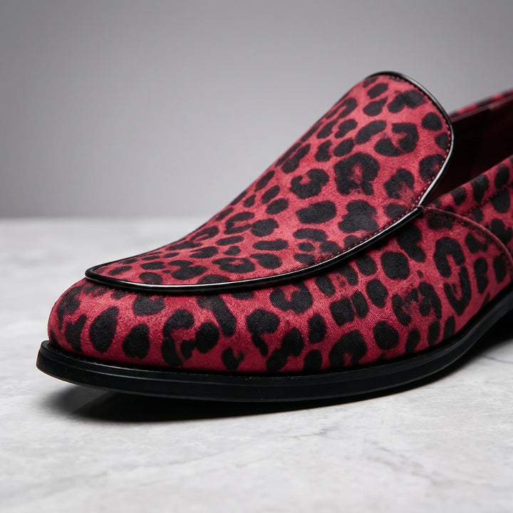 Polignano Leopard Loafers — Red Leopard, close view of the leopard print, moc-front stitching and black piping