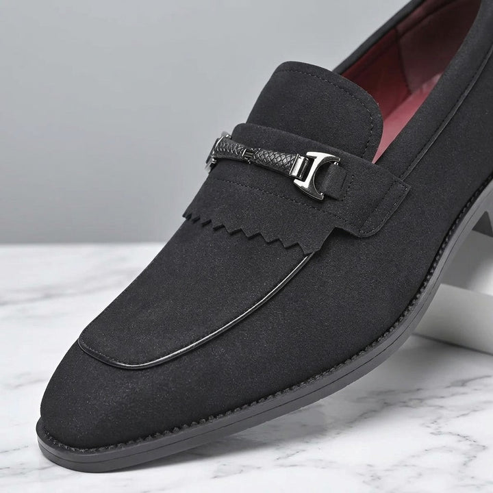 Ragusa Kiltie Bit Loafers — Black, close-up of the suede, fringed kiltie and silver-tone bit