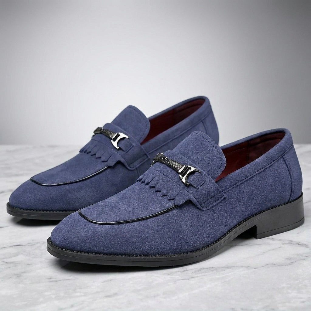 Ragusa Kiltie Bit Loafers — Blue, pair of kiltie bit loafers, three-quarter view