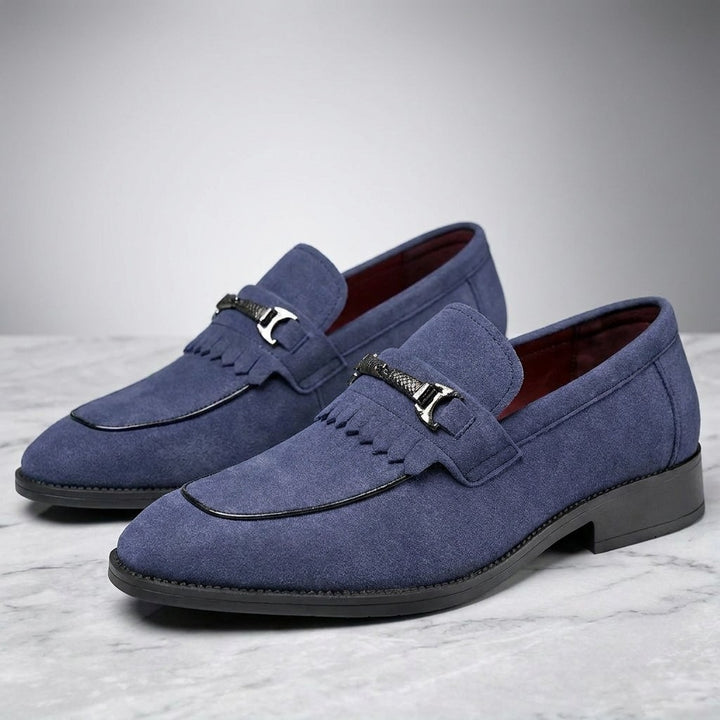 Ragusa Kiltie Bit Loafers — Blue, pair of kiltie bit loafers, three-quarter view