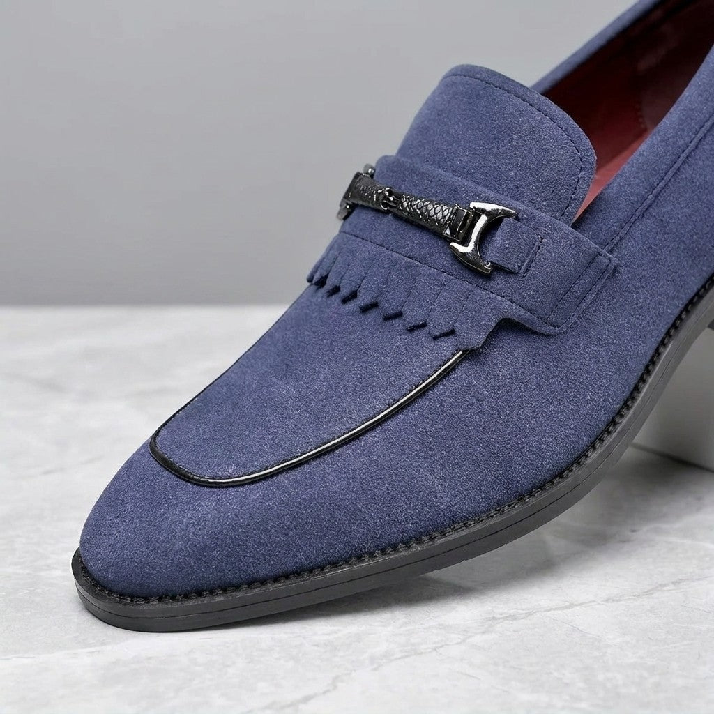 Ragusa Kiltie Bit Loafers — Blue, close-up of the suede, fringed kiltie and silver-tone bit
