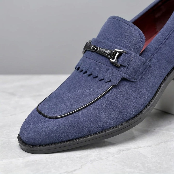 Ragusa Kiltie Bit Loafers — Blue, close-up of the suede, fringed kiltie and silver-tone bit