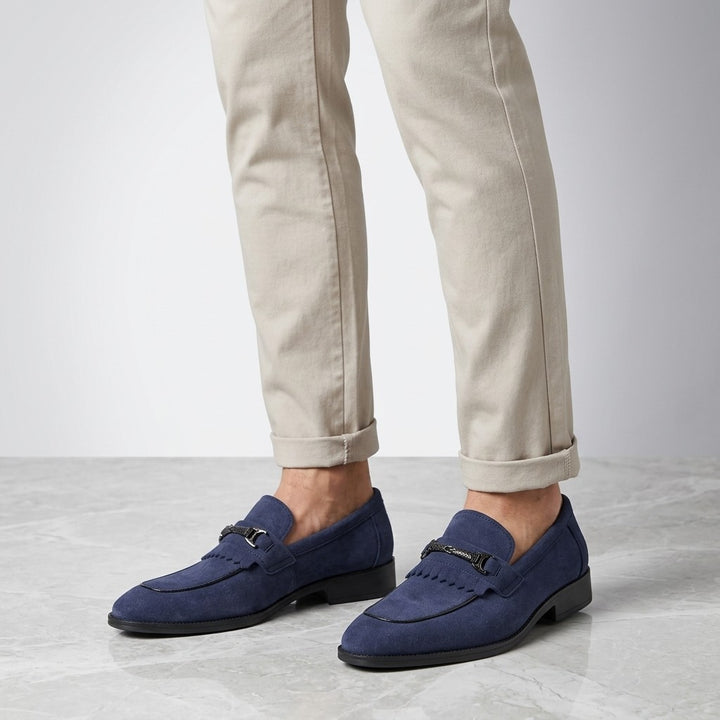 Ragusa Kiltie Bit Loafers — Blue, worn on foot, knee-down studio view