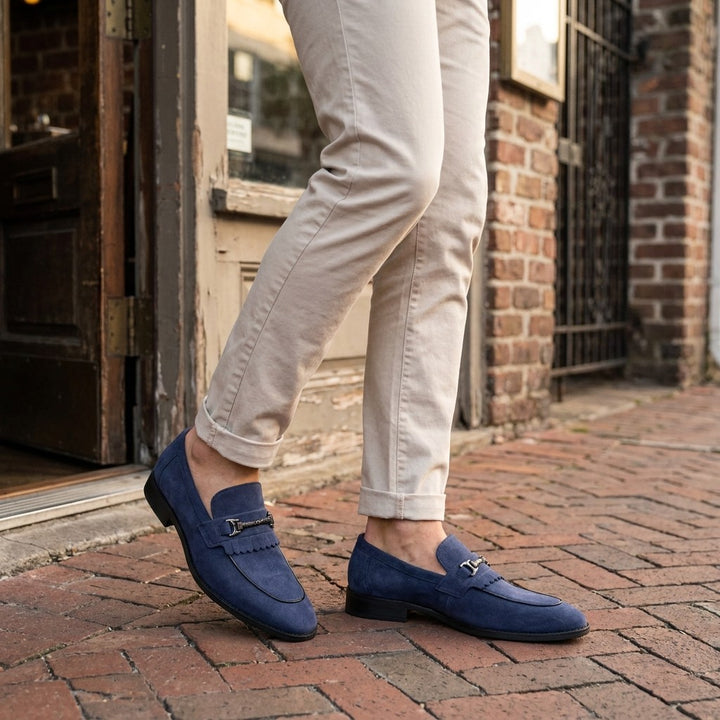 Ragusa Kiltie Bit Loafers — Blue, worn on foot, outdoor lifestyle view