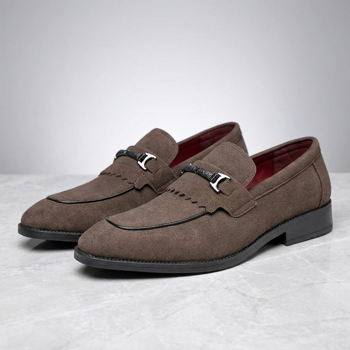 Ragusa Kiltie Bit Loafers — Brown, pair of kiltie bit loafers, three-quarter view