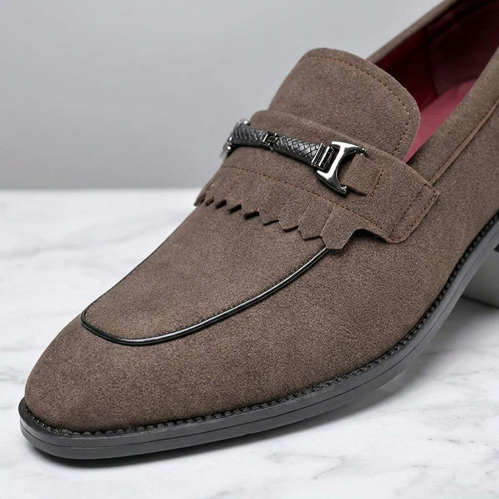 Ragusa Kiltie Bit Loafers — Brown, close-up of the suede, fringed kiltie and silver-tone bit
