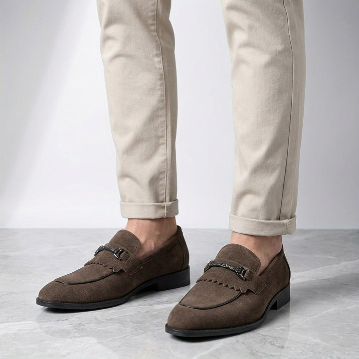 Ragusa Kiltie Bit Loafers — Brown, worn on foot, knee-down studio view
