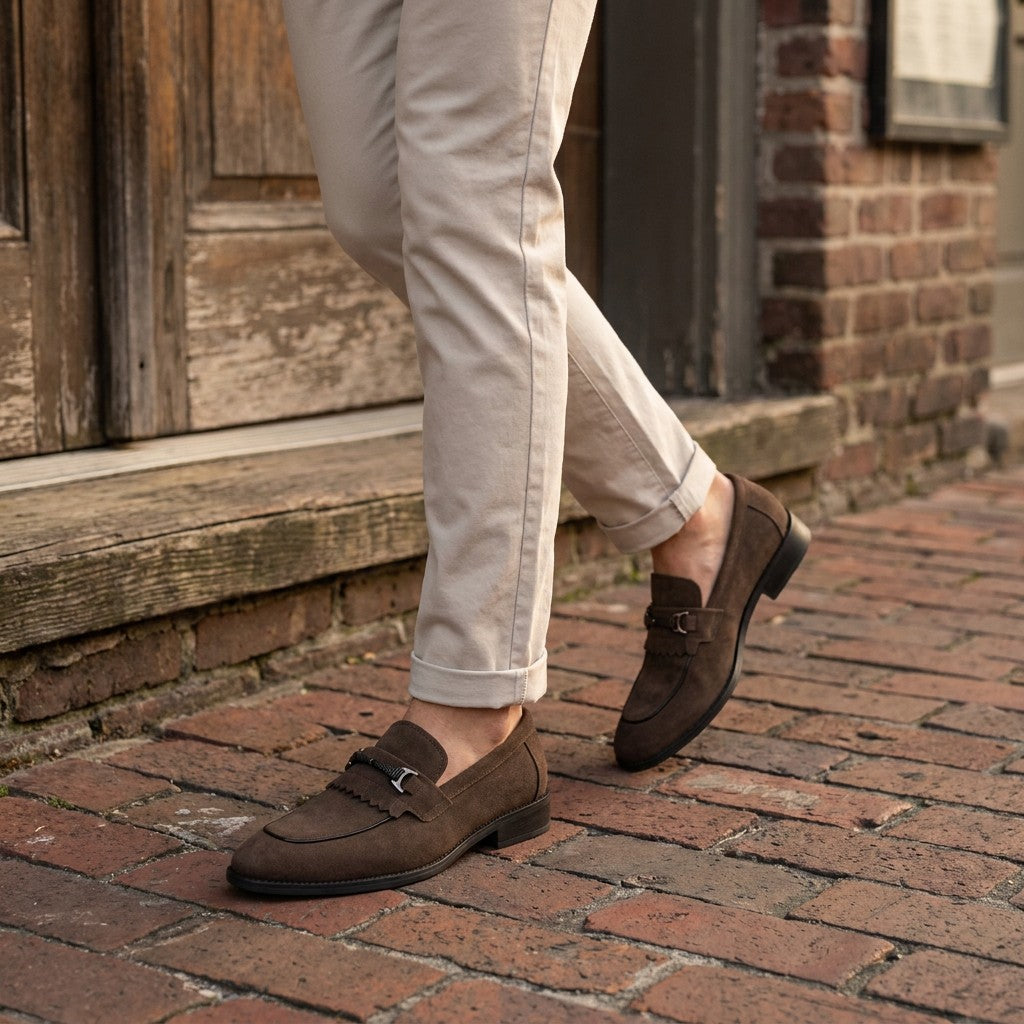 Ragusa Kiltie Bit Loafers — Brown, worn on foot, outdoor lifestyle view