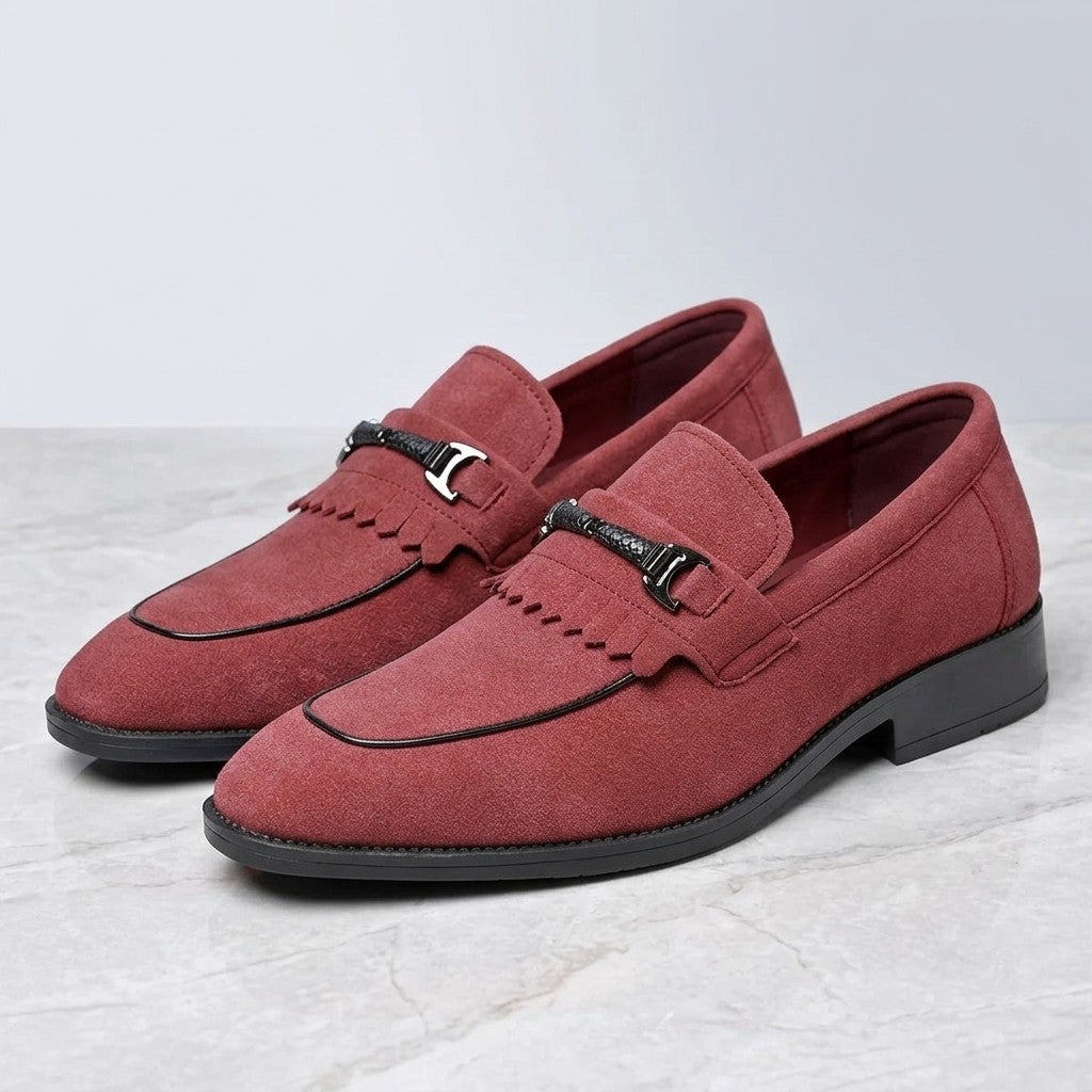 Ragusa Kiltie Bit Loafers — Red, pair of kiltie bit loafers, three-quarter view