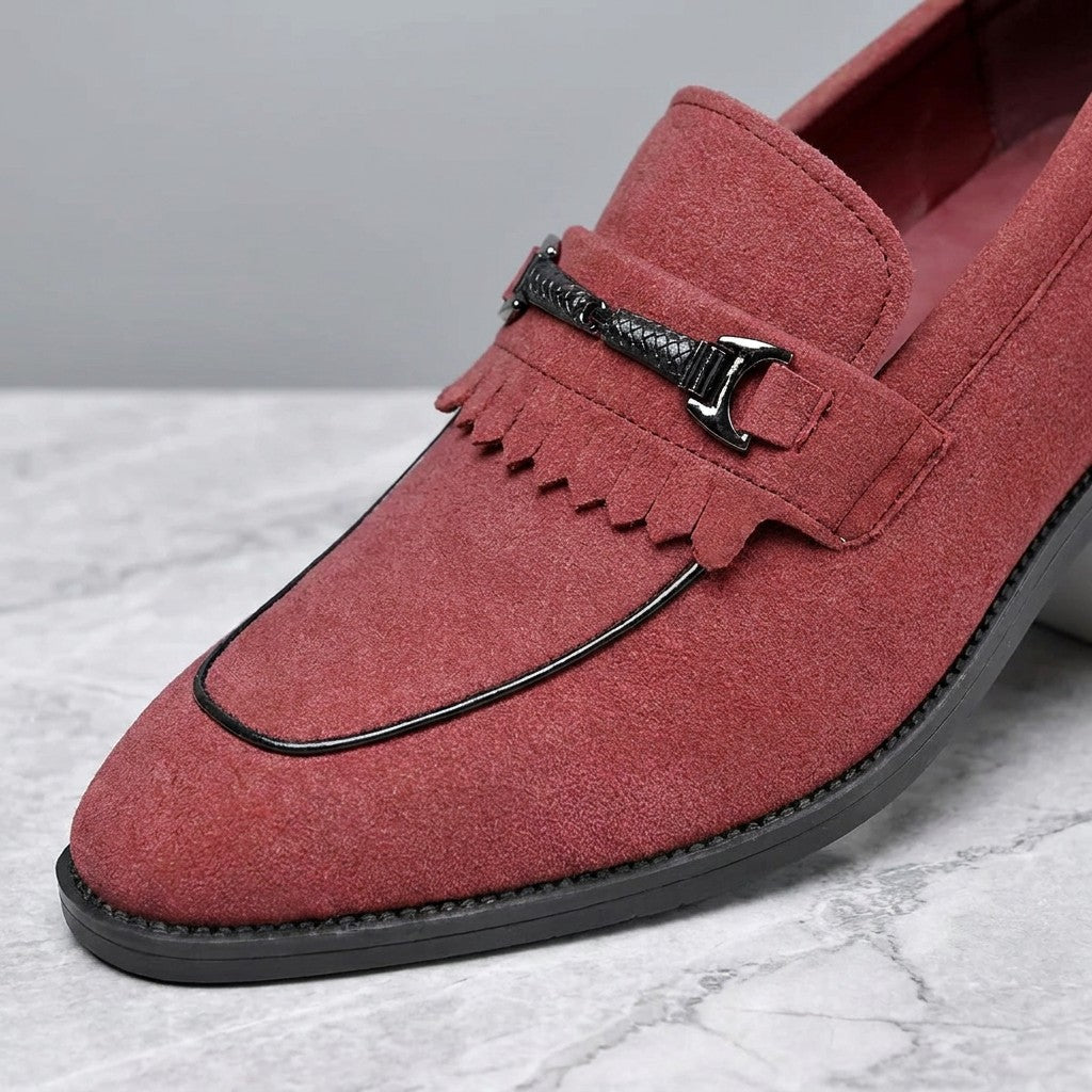 Ragusa Kiltie Bit Loafers — Red, close-up of the suede, fringed kiltie and silver-tone bit