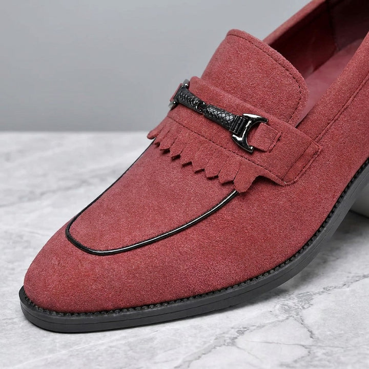 Ragusa Kiltie Bit Loafers — Red, close-up of the suede, fringed kiltie and silver-tone bit