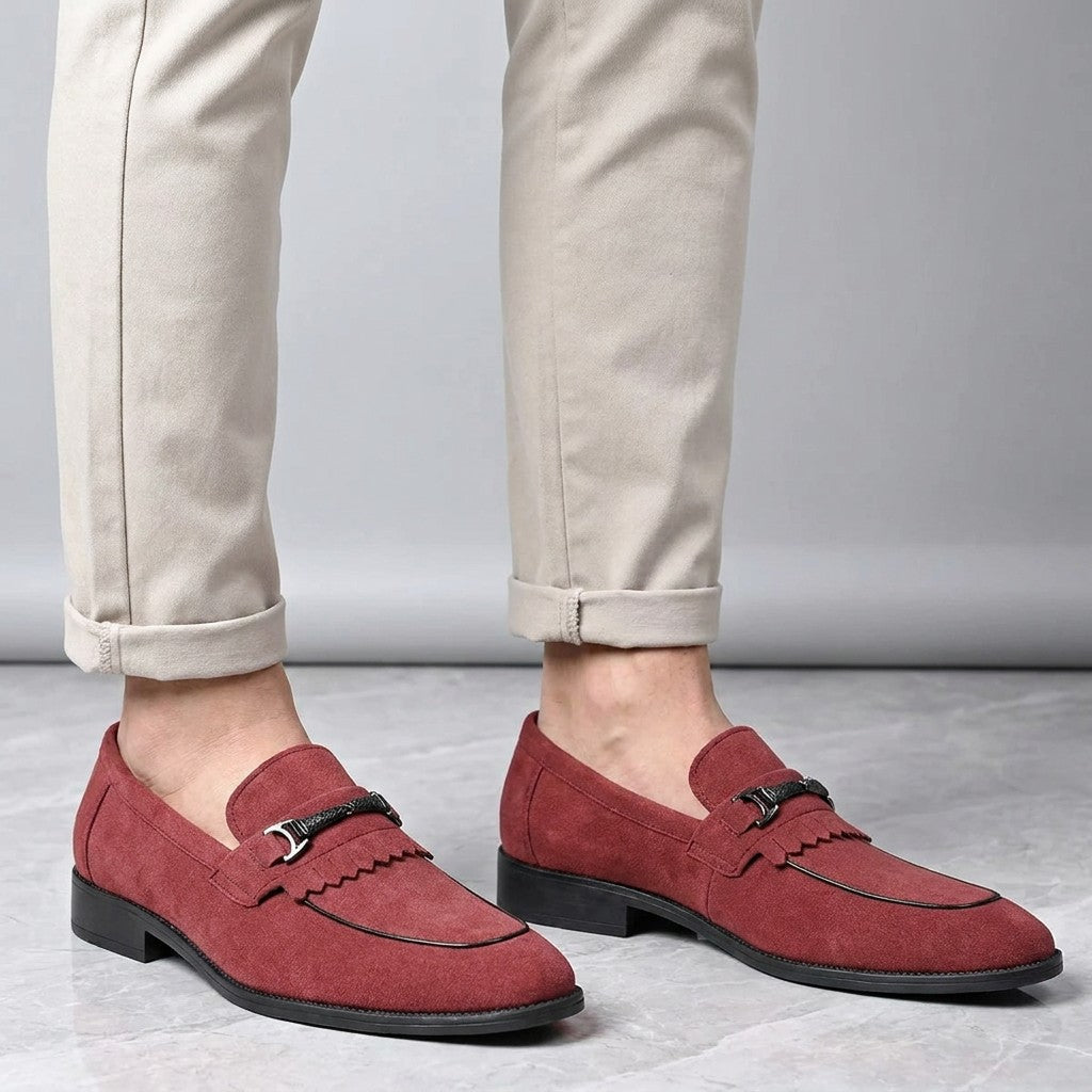 Ragusa Kiltie Bit Loafers — Red, worn on foot, knee-down studio view