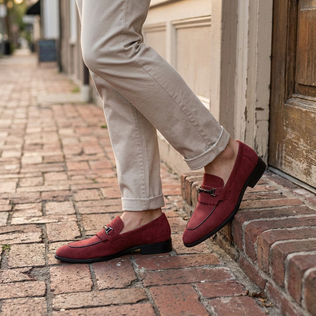 Ragusa Kiltie Bit Loafers — Red, worn on foot, outdoor lifestyle view