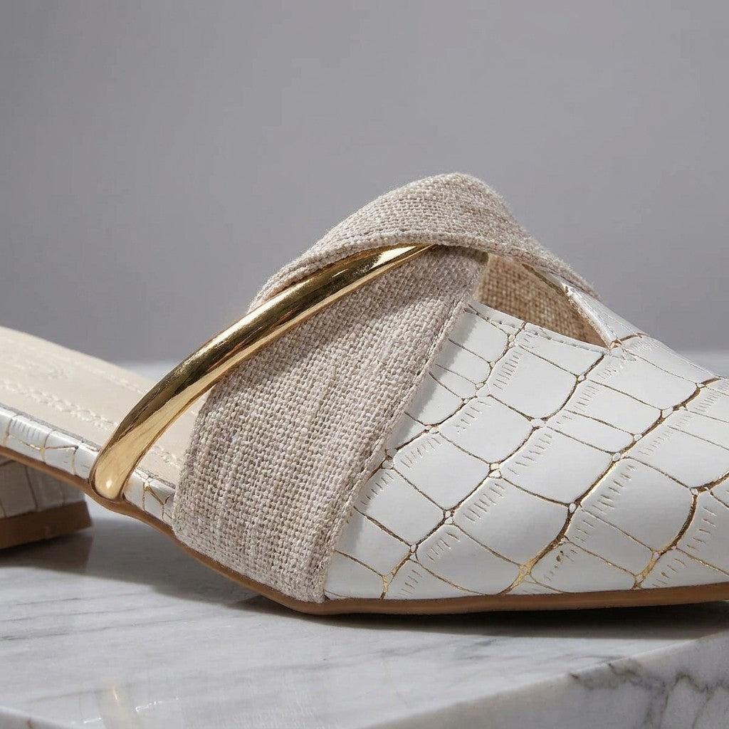 Orvieto Croc-Embossed Mules — White, construction close-up