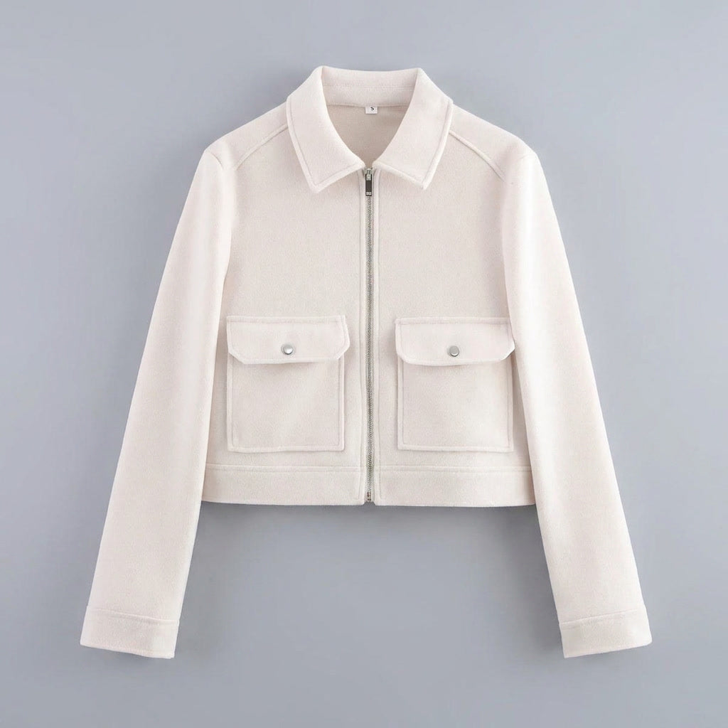Padova Cropped Jacket — White, flat lay front on grey seamless
