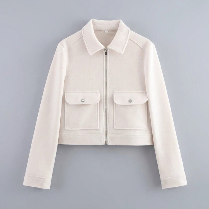 Padova Cropped Jacket — White, flat lay front on grey seamless