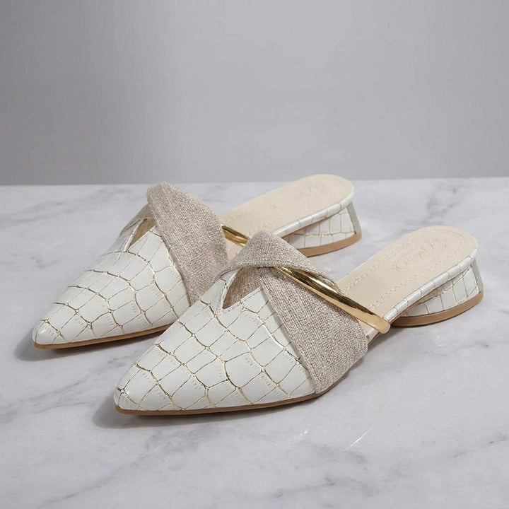 Orvieto Croc-Embossed Mules — White, pair on marble