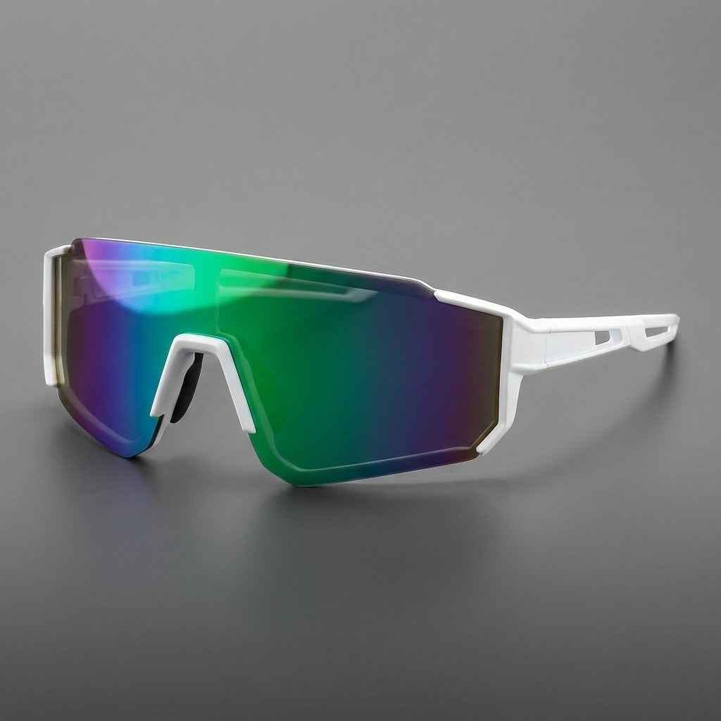 Scilla Shield Sunglasses — White / Emerald Mirror, three-quarter front view on a grey studio gradient