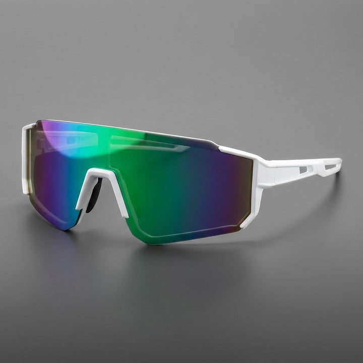 Scilla Shield Sunglasses — White / Emerald Mirror, three-quarter front view on a grey studio gradient