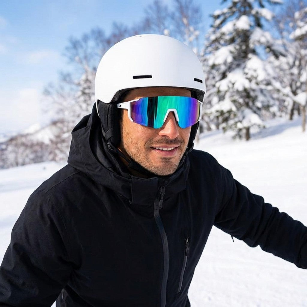 Scilla Shield Sunglasses — White / Emerald Mirror, worn by a man in a helmet skiing a sunny slope in Niseko