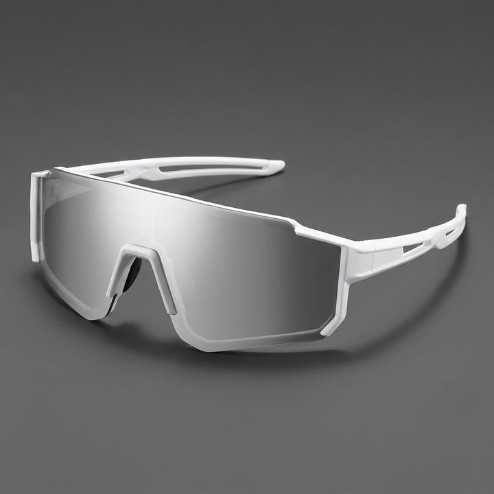 Scilla Shield Sunglasses — White / Silver Mirror, three-quarter front view on a grey studio gradient