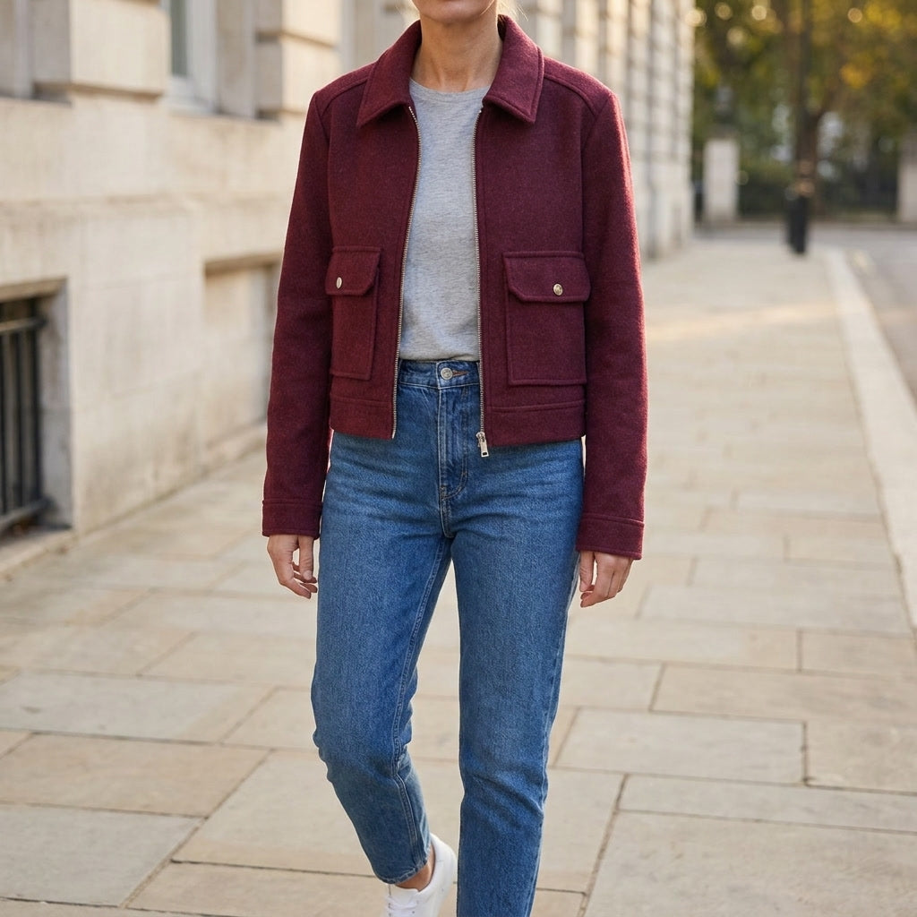Padova Cropped Jacket — Wine, lifestyle close crop on model